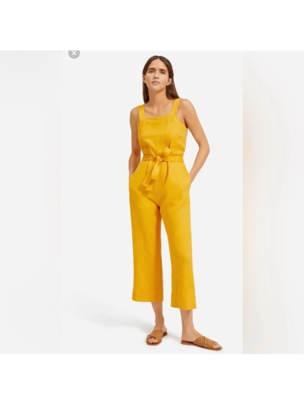 Everlane Linen Square Neck Sleeveless Wide Leg Jumpsuit Marigold Yellow 0P